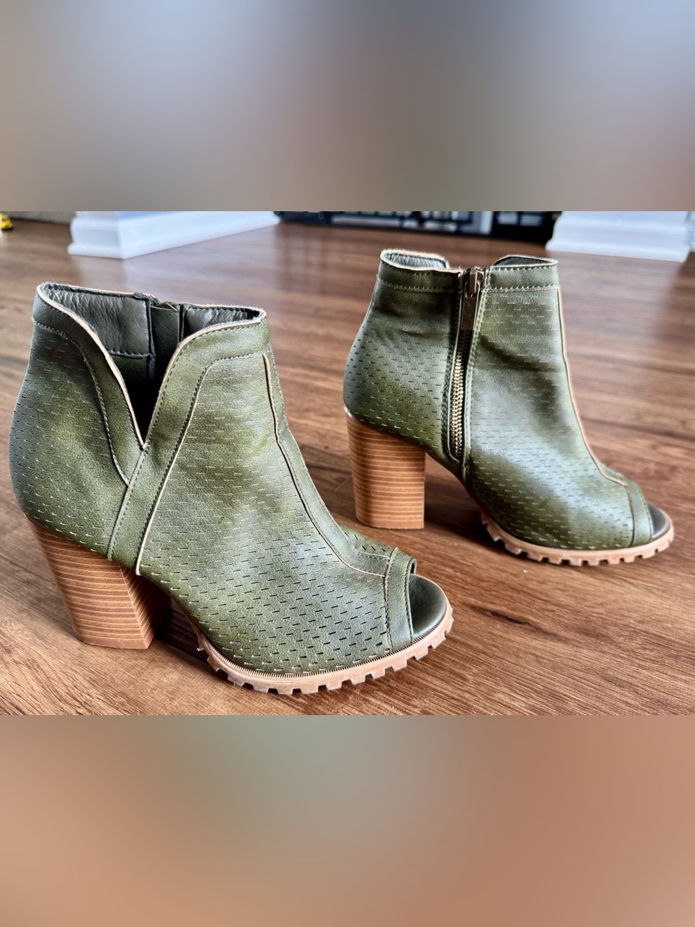 Seven7 Olive Green Peep-Toe Ankle Booties with Stacked Heel